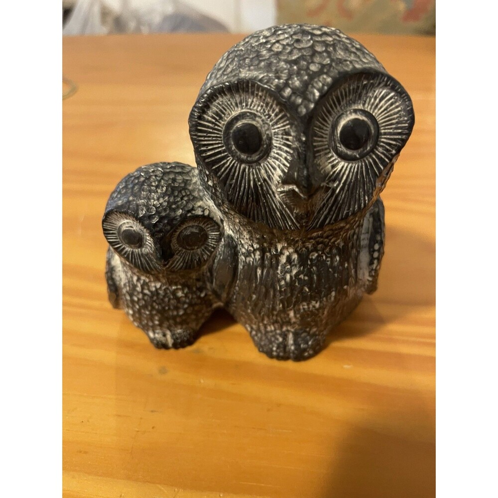 Vtg Carved Nuvuk Canada Owl Pr Black Soapstone Hudson Bay Art Handmade
